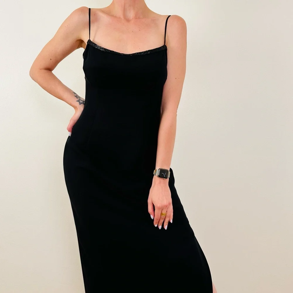 Vintage Lillie Rubin black embellished maxi open back party evening gown dress